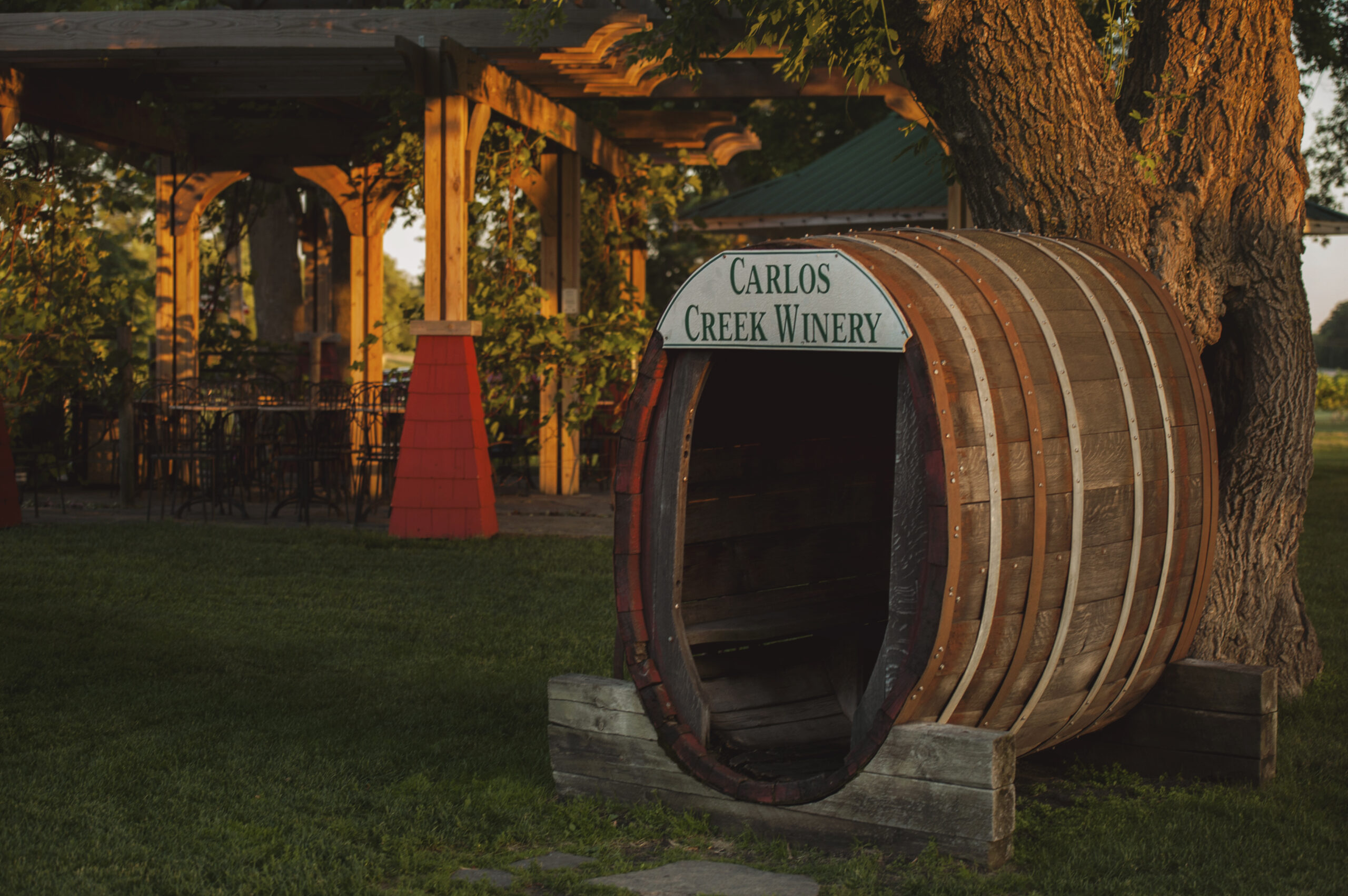 The famous Carlos Creek Winery barrel that stands at the entrance of the property in Alexandria, Minnesota.