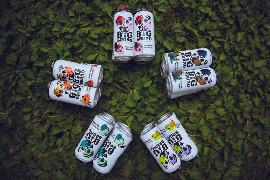 Five different flavors of Big Bruno Hard Cider cans laying in the grass