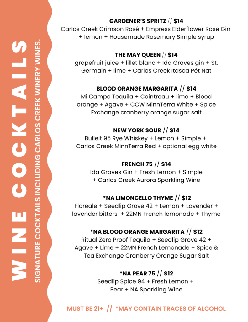 May Carlos Creek Cocktail Menu - Blood Orange Margarita, New York Sour, French 75, NA Limoncello Thyme, NA Blood Orange Margarita and NA Pear.