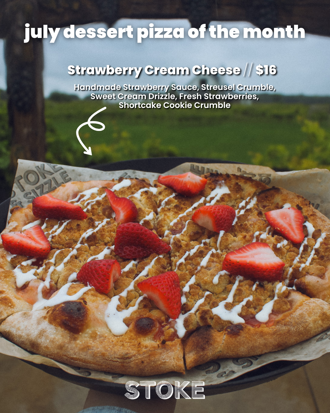 strawberry shortcake pizza in front of the vines