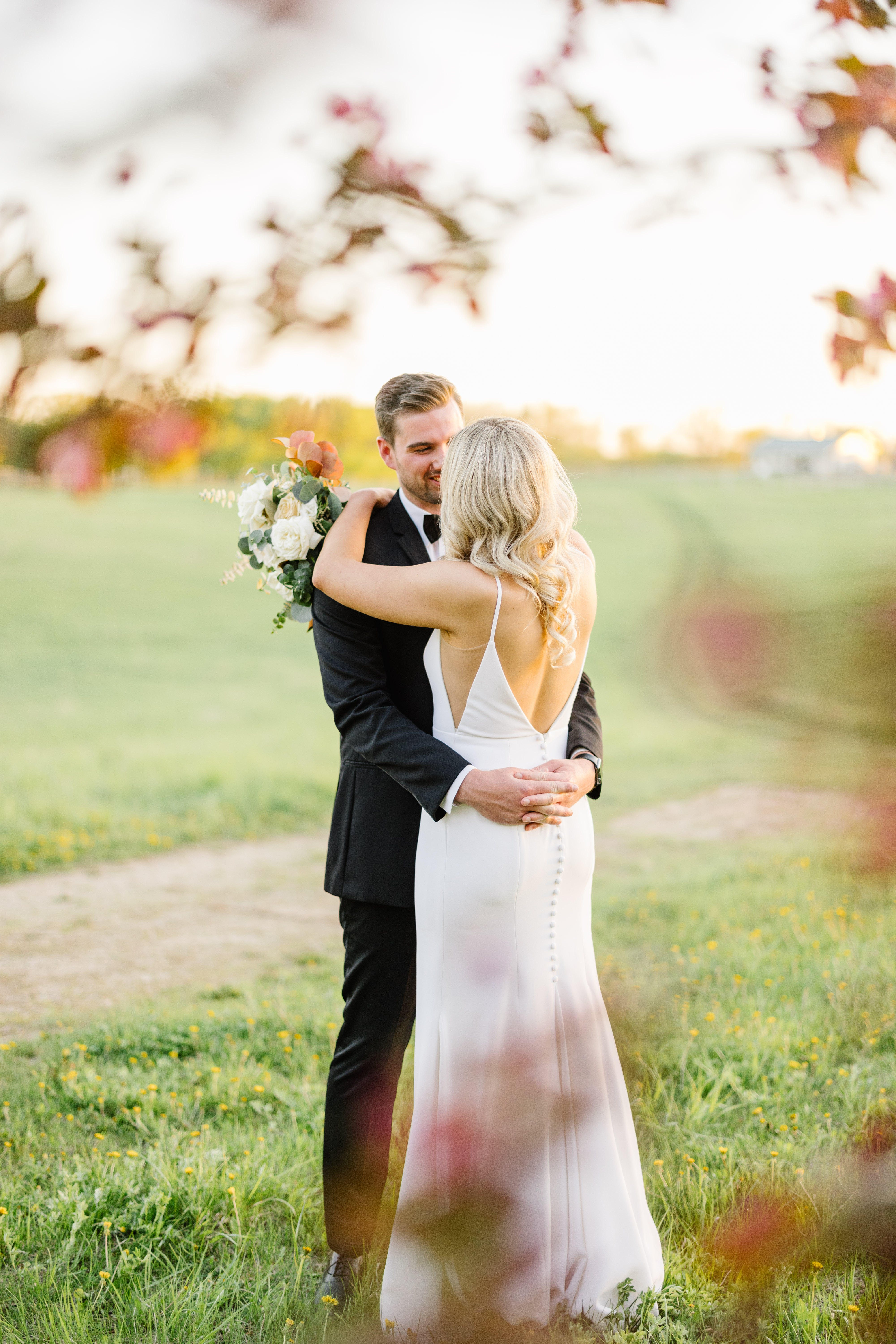 Wedding couple at Carlos Creek in the springtime